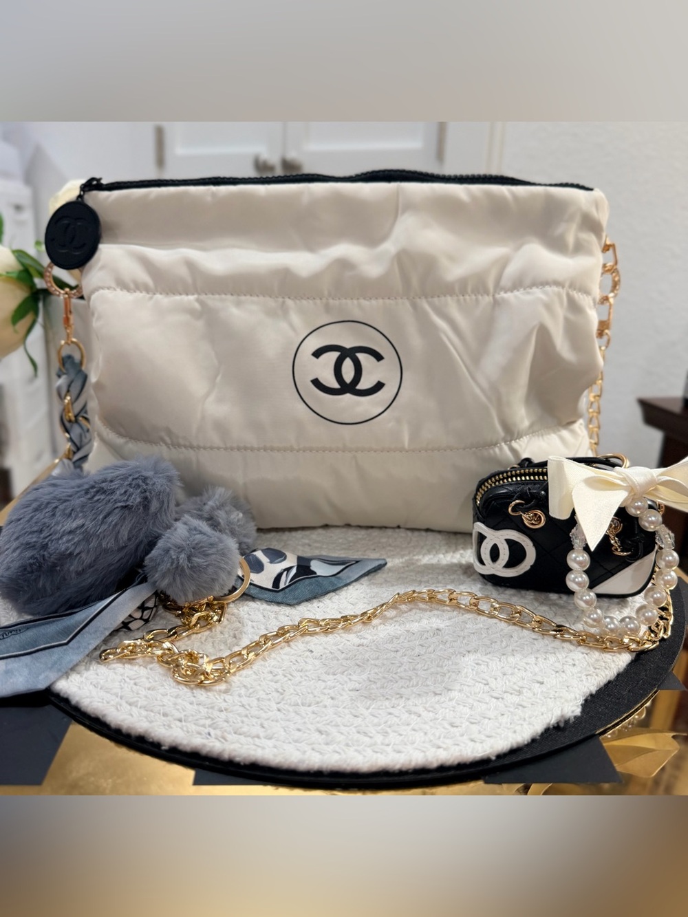 Chanel Beaute Quilted Cream Crossbody Puffer Bag w/ AirPod Bag Pouch Charm